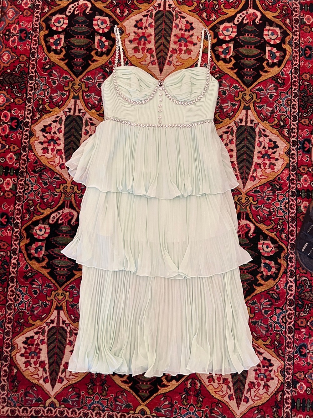 Self-Portrait Green Tiered Diamante Chiffon Midi Dress Size 12